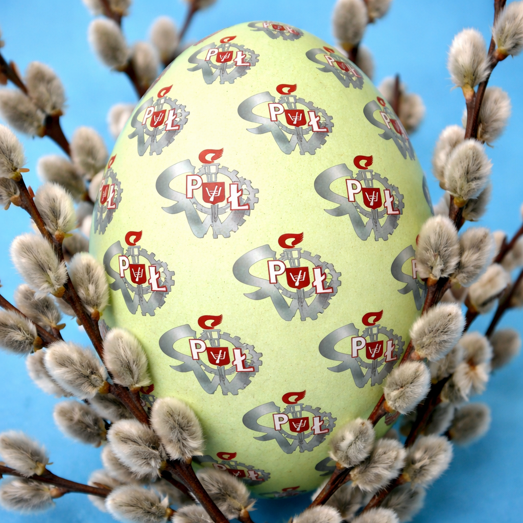 Jajko wielkanocne z logo SWPŁ w gałązkach wierzby